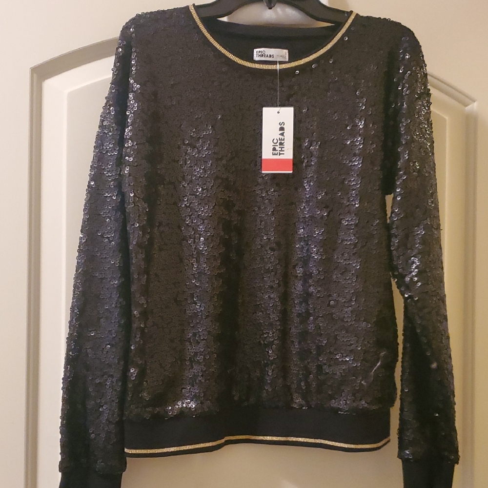 Epic Threads Black Sequin Pullover with Gold Trim